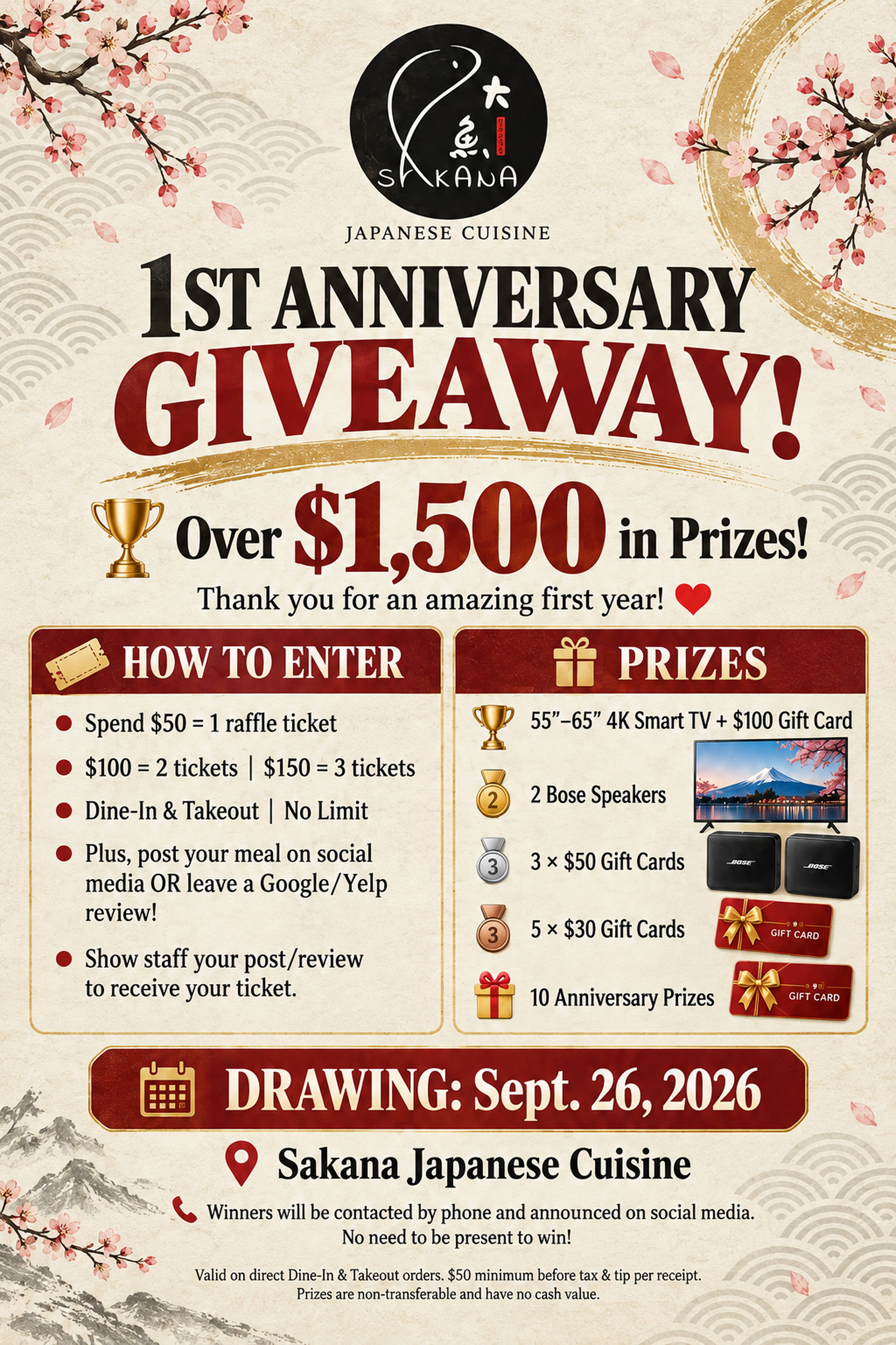 Japanese‑style poster for Sakana Japanese Cuisine first‑anniversary giveaway; $1500+ prizes including smart TV and speakers, entry rules, drawing date Sept 26 2026, cherry blossom and mountain decorative background.